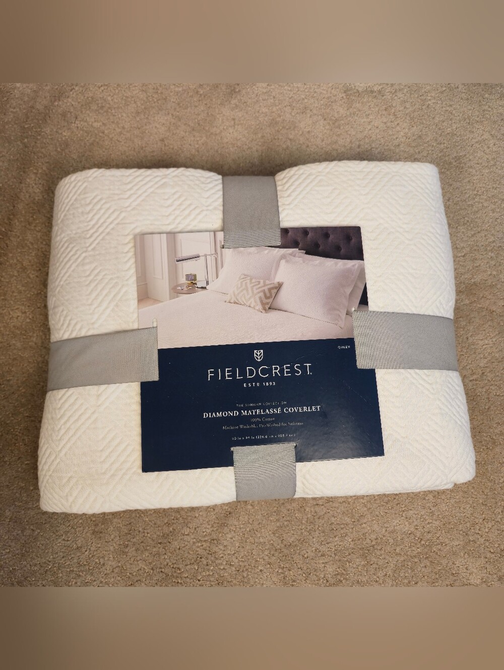 Fieldcrest Diamond Matelassé coverlet is made from 100% cotton Queen